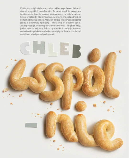 Introduction page: dough letters spelling "chleb wspólnie" above a Polish paragraph about bread as an intercultural symbol
