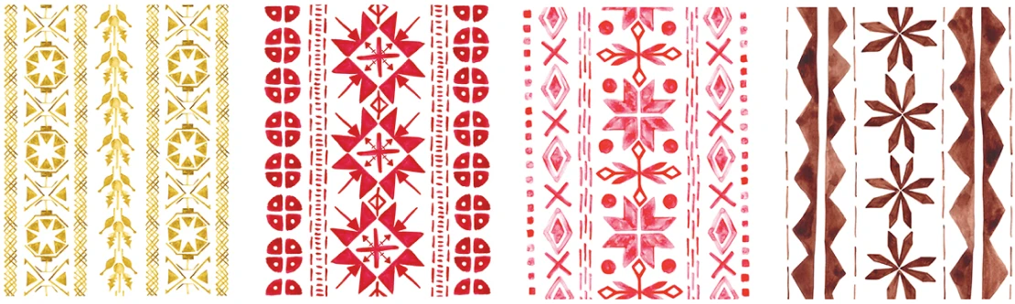 Four vertical strips of Sorbian folk patterns painted in watercolour: yellow, red, pink and brown