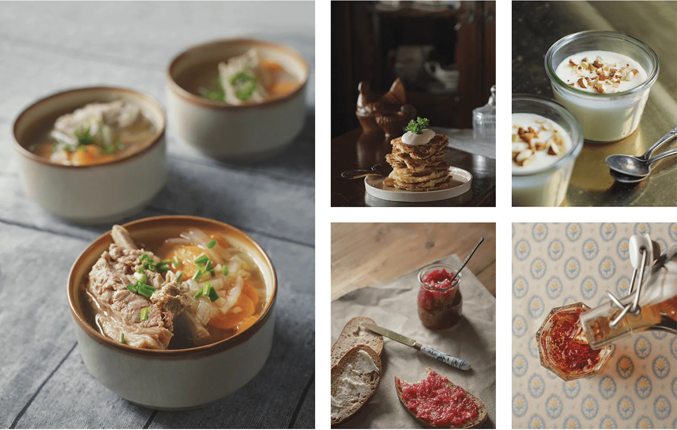 Collage of food photography from the book: bowls of wedding soup beside smaller shots of pancakes, a milky dessert, spreads and bread with red jam