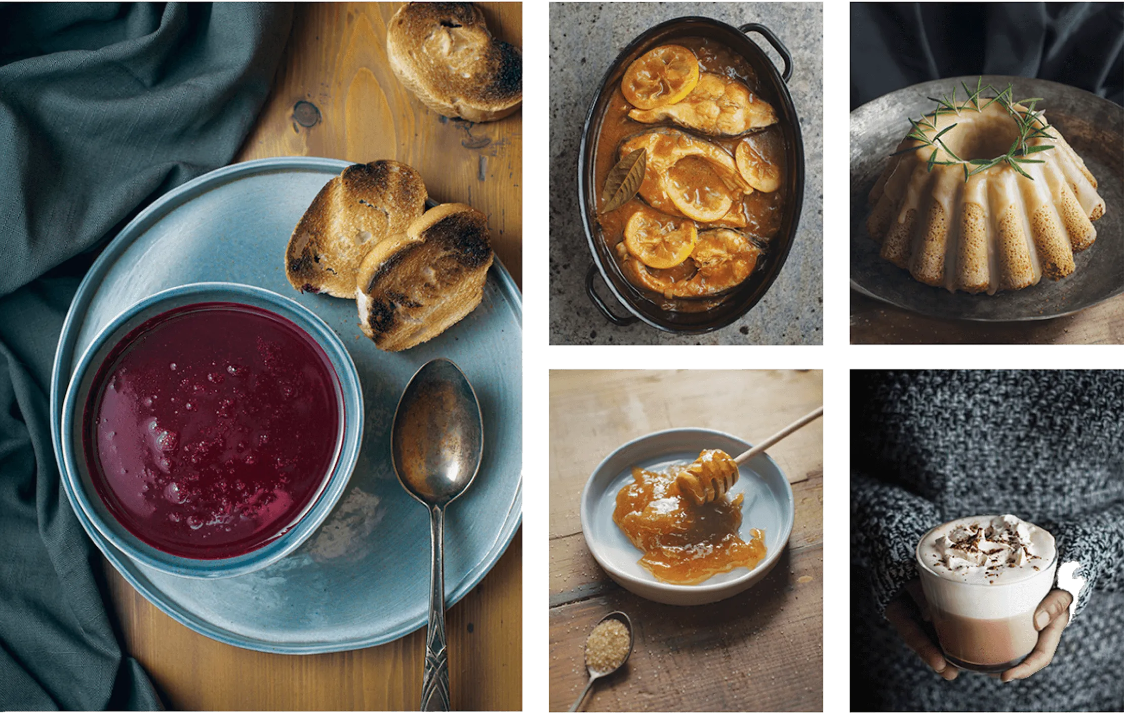 Collage of food photography: a bowl of deep-red soup with toasted bread on a blue plate, beside shots of baked lemons, a bundt cake, honey and a cup of cocoa