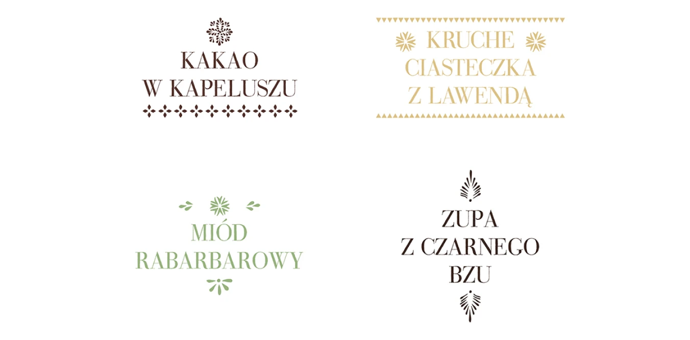 Four recipe titles set in serif capitals with small folk ornaments: kakao w kapeluszu, kruche ciasteczka z lawendą, miód rabarbarowy and zupa z czarnego bzu