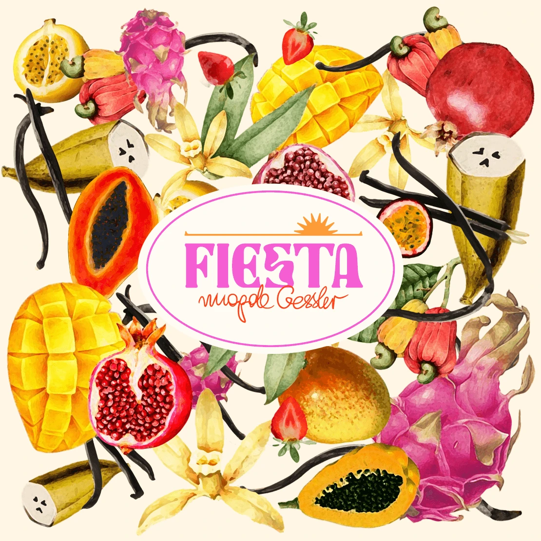 Fiesta key visual: a dense illustrated collage of tropical fruits, vanilla pods and bananas framing the pink Fiesta Magda Gessler logo on cream