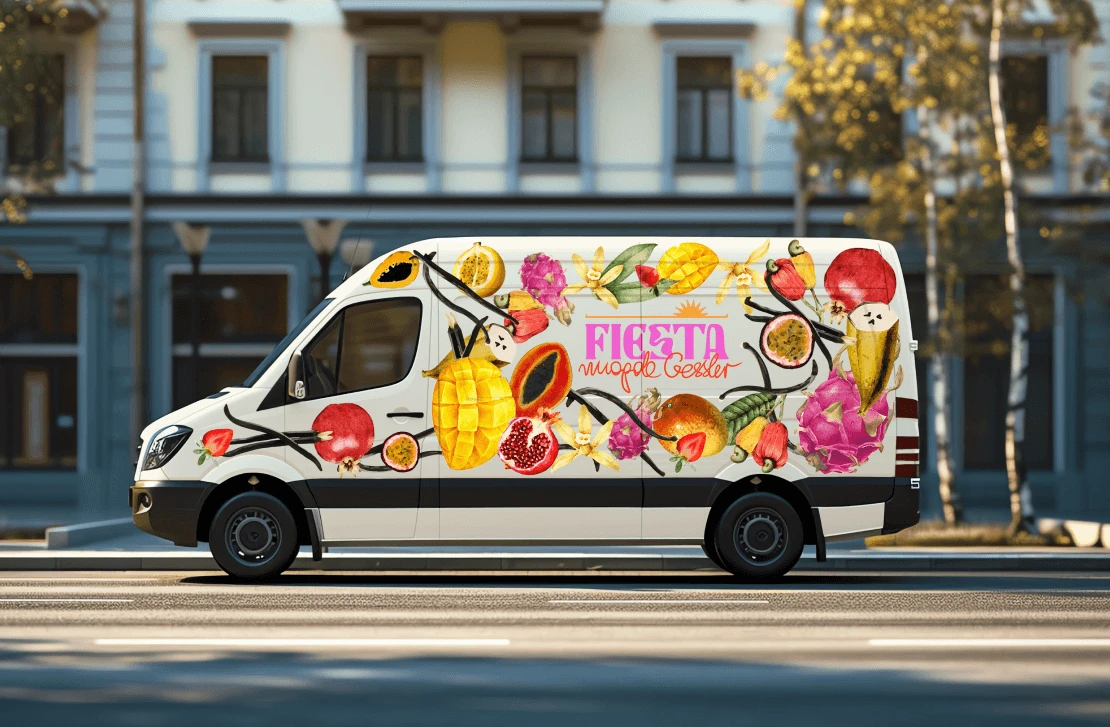 White delivery van parked on a city street, its side wrapped in the Fiesta tropical-fruit key visual