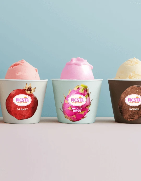 Three more Fiesta cup designs — granat, smoczy owoc and kokos — with pastel scoops of ice cream on a grey table