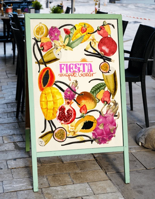 A-frame pavement sign at a café printed with the Fiesta fruit key visual